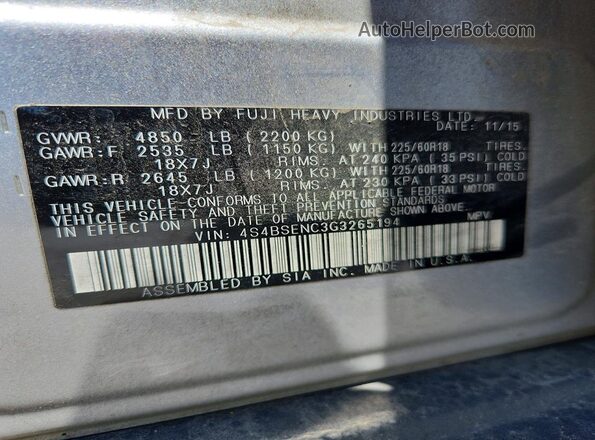 4S4BSENC3G3265194 2016 SUBARU OUTBACK Серебряный Вид наклейки с VIN-кодом