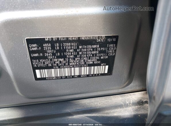 4S4BSENC3G3273392 2016 SUBARU OUTBACK Silver Engine compartment view