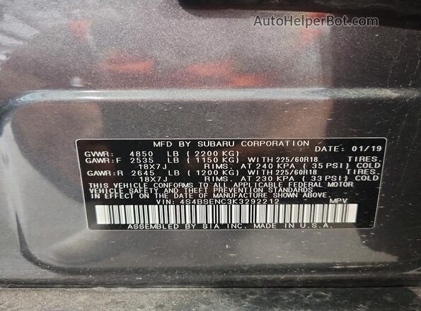 4S4BSENC3K3292212 2019 SUBARU OUTBACK Gray VIN կոդի պիտակի տեսք