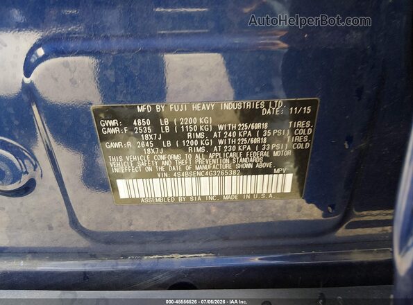 4S4BSENC4G3265382 2016 SUBARU OUTBACK Blue ძრავის განყოფილების ხედი