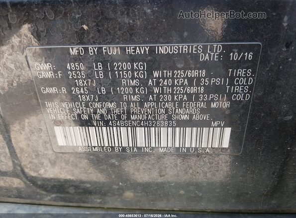 4S4BSENC4H3283835 2017 SUBARU OUTBACK Black Vista del compartimento del motor