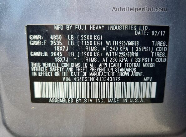 4S4BSENC4H3343872 2017 SUBARU OUTBACK Silver VIN sticker view