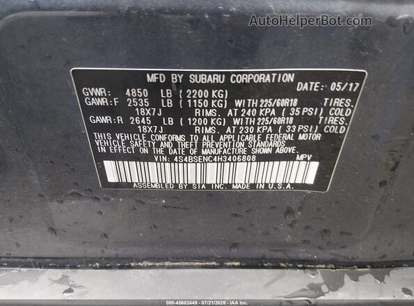 4S4BSENC4H3406808 2017 SUBARU OUTBACK Blue Engine compartment view