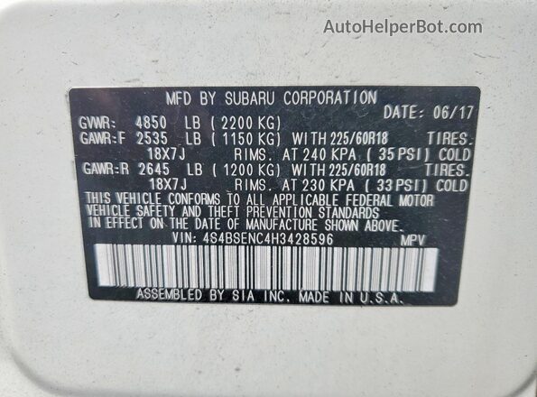 4S4BSENC4H3428596 2017 SUBARU OUTBACK White Vista del compartimento del motor