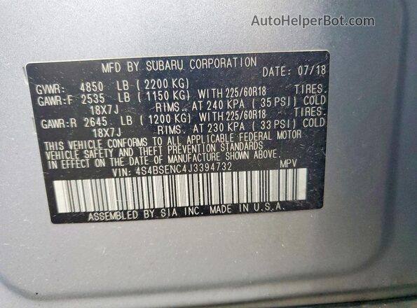 4S4BSENC4J3394732 2018 SUBARU OUTBACK Silver Вид наклейки з VIN-кодом