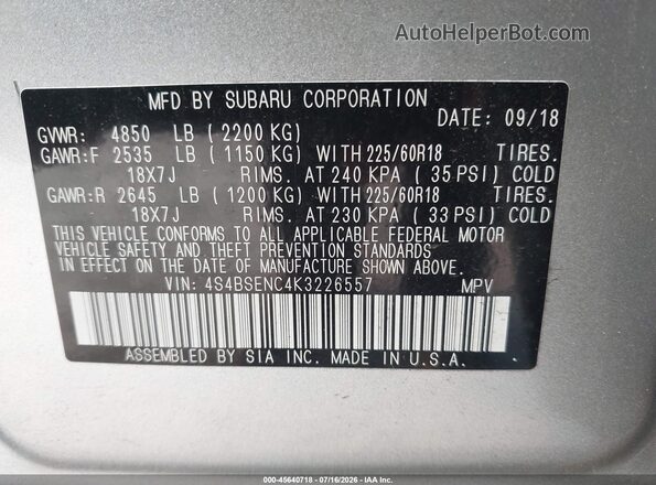 4S4BSENC4K3226557 2019 SUBARU OUTBACK Silver Vista del compartimento del motor