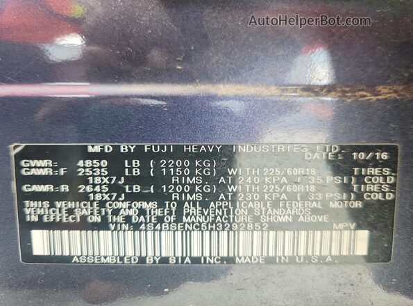 4S4BSENC5H3292852 2017 SUBARU OUTBACK Gray VIN sticker view