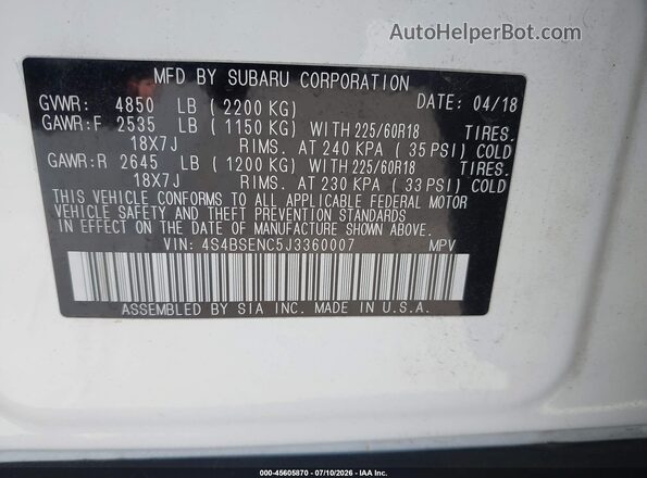 4S4BSENC5J3360007 2018 SUBARU OUTBACK White Вид підкапотного простору