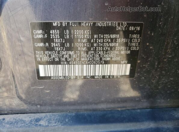 4S4BSENC6H3262579 2017 SUBARU OUTBACK Синий Панорамный вид салона 360°