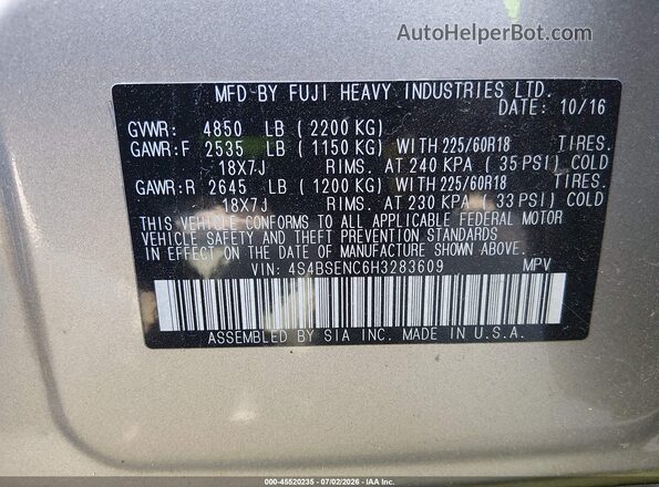 4S4BSENC6H3283609 2017 SUBARU OUTBACK Champagne Vista del compartimento del motor