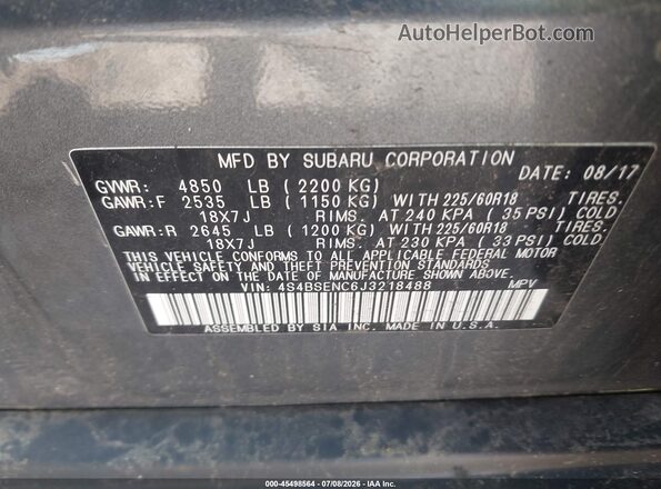 4S4BSENC6J3218488 2018 SUBARU OUTBACK Gray Շարժիչի բաժամունքի տեսք
