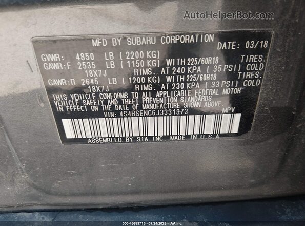 4S4BSENC6J3331373 2018 SUBARU OUTBACK Gray ძრავის განყოფილების ხედი