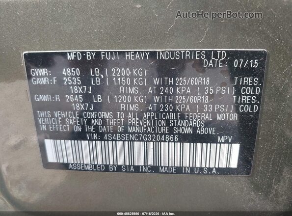 4S4BSENC7G3204866 2016 SUBARU OUTBACK Green Вид підкапотного простору