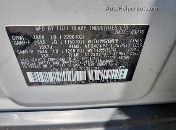 4S4BSENC7G3309794 2016 SUBARU OUTBACK White Շարժիչի բաժամունքի տեսք
