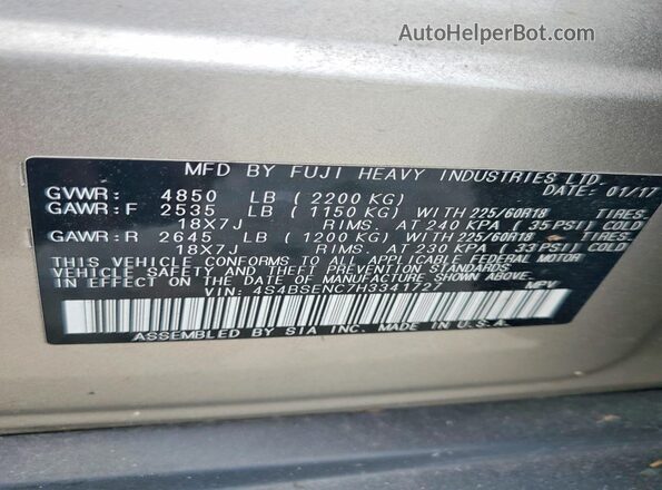4S4BSENC7H3341727 2017 SUBARU OUTBACK Золотой Вид наклейки с VIN-кодом