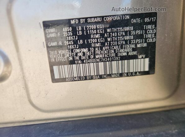 4S4BSENC7H3401392 2017 SUBARU OUTBACK Silver Вид підкапотного простору