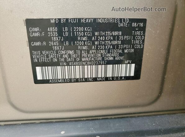 4S4BSENC8H3237957 2017 SUBARU OUTBACK Gold ძრავის განყოფილების ხედი