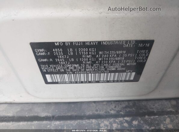 4S4BSENC8H3287760 2017 SUBARU OUTBACK White ძრავის განყოფილების ხედი