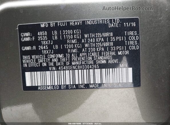 4S4BSENC8H3304265 2017 SUBARU OUTBACK Green Widok komory silnika