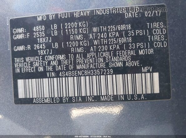 4S4BSENC8H3357239 2017 SUBARU OUTBACK Gray Շարժիչի բաժամունքի տեսք