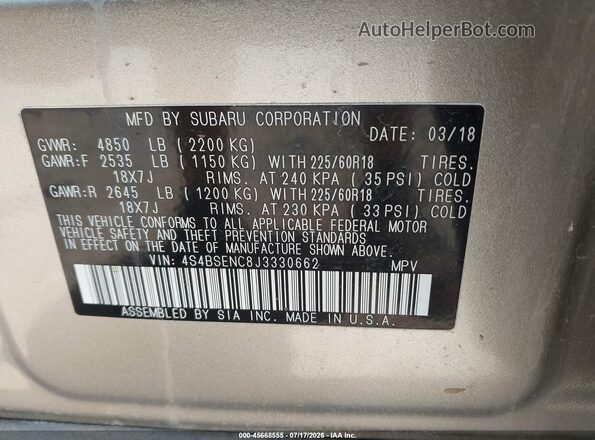 4S4BSENC8J3330662 2018 SUBARU OUTBACK Silver Вид підкапотного простору