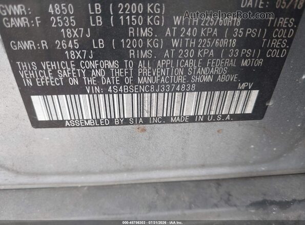 4S4BSENC8J3374838 2018 SUBARU OUTBACK Silver Շարժիչի բաժամունքի տեսք