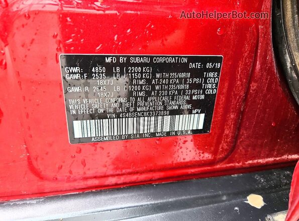 4S4BSENC8K3373898 2019 SUBARU OUTBACK Red Widok naklejki z numerem VIN