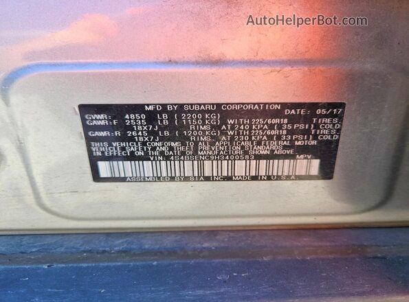 4S4BSENC9H3400583 2017 SUBARU OUTBACK Серебряный Панорамный вид салона 360°