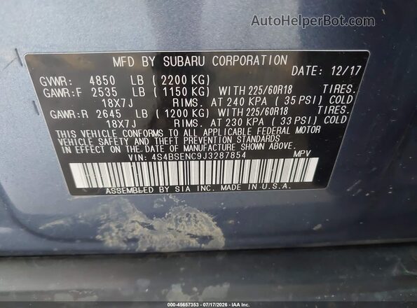 4S4BSENC9J3287854 2018 SUBARU OUTBACK Синий Вид подкапотного пространства