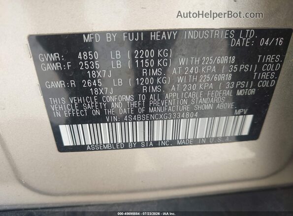 4S4BSENCXG3334804 2016 SUBARU OUTBACK Champagne ძრავის განყოფილების ხედი