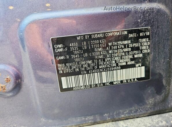 4S4BSENCXJ3394699 2018 SUBARU OUTBACK Blue VIN კოდის სტიკერის ხედი
