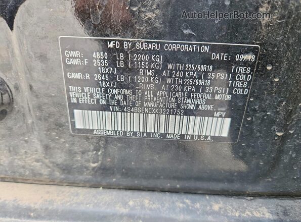 4S4BSENCXK3221752 2019 SUBARU OUTBACK Gray VIN sticker view