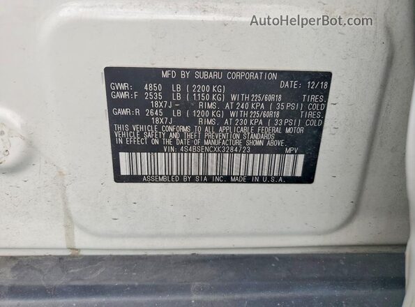 4S4BSENCXK3284723 2019 SUBARU OUTBACK White Widok naklejki z numerem VIN