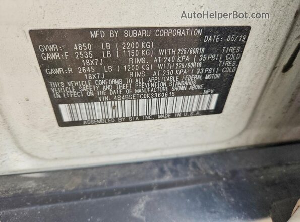 4S4BSETC0K3360615 2019 SUBARU OUTBACK White VIN კოდის სტიკერის ხედი