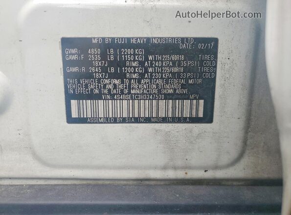 4S4BSETC3H3347530 2017 SUBARU OUTBACK White VIN კოდის სტიკერის ხედი