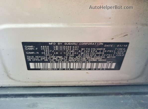 4S4BSETC5J3301364 2018 SUBARU OUTBACK Белый Вид наклейки с VIN-кодом