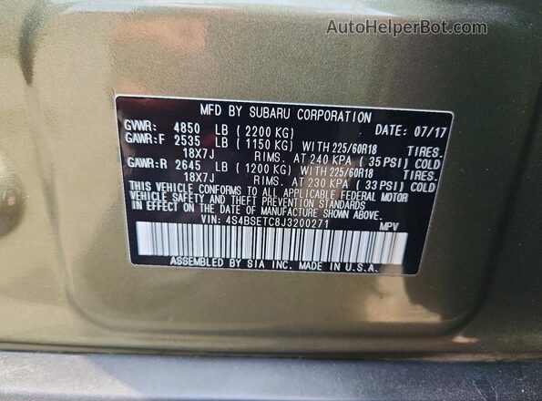 4S4BSETC8J3200271 2018 SUBARU OUTBACK Green Widok naklejki z numerem VIN