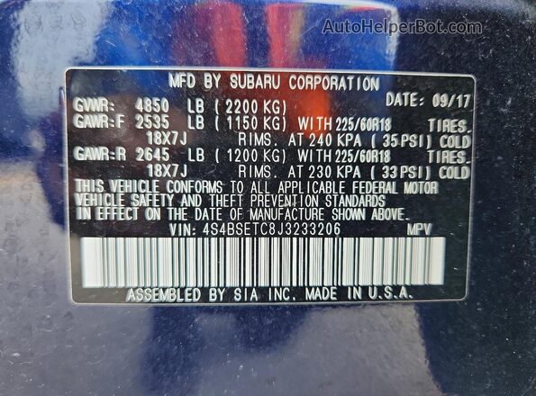 4S4BSETC8J3233206 2018 SUBARU OUTBACK Blue Widok wnętrza 360 stopni