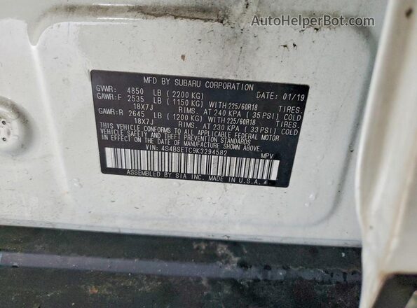 4S4BSETC9K3294582 2019 SUBARU OUTBACK White Widok naklejki z numerem VIN