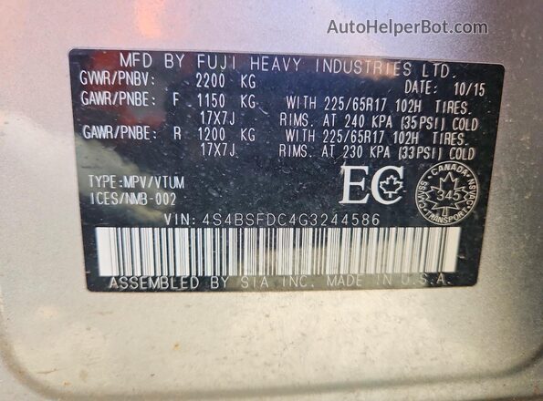 4S4BSFDC4G3244586 2016 SUBARU OUTBACK Silver სალონის 360-გრადუსიანი ხედი