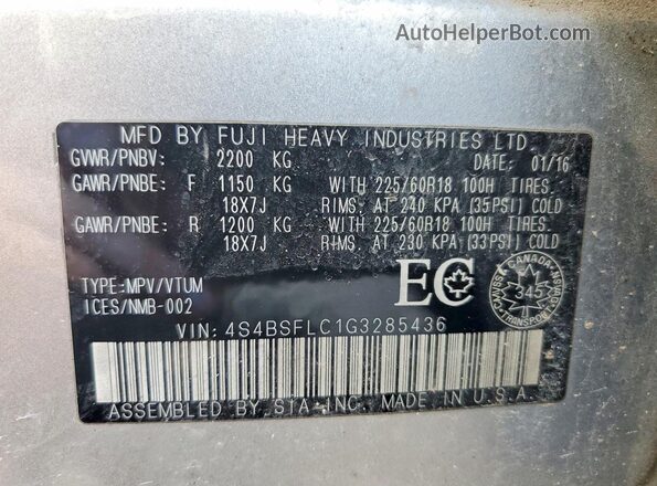 4S4BSFLC1G3285436 2016 SUBARU OUTBACK Серебряный Вид наклейки с VIN-кодом