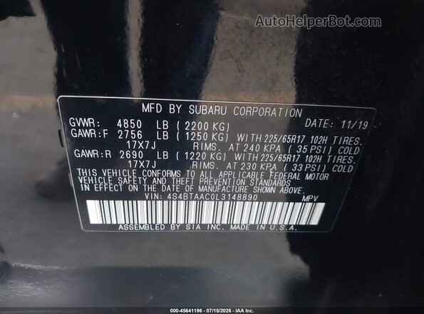 4S4BTAAC0L3148890 2020 SUBARU OUTBACK Black Vista del compartimento del motor