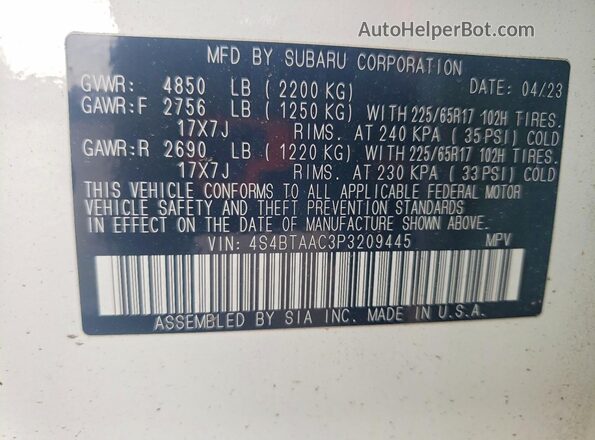 4S4BTAAC3P3209445 2023 SUBARU OUTBACK Белый Вид наклейки с VIN-кодом