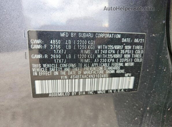 4S4BTAAC4N3103485 2022 SUBARU OUTBACK Charcoal Vista del compartimento del motor