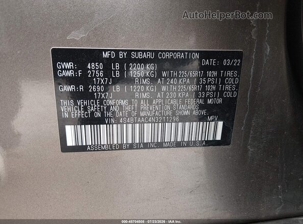 4S4BTAAC4N3211296 2022 SUBARU OUTBACK Brown Вид підкапотного простору