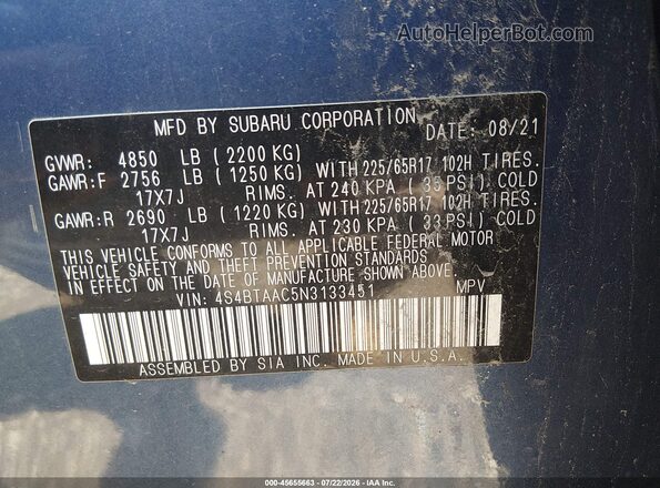 4S4BTAAC5N3133451 2022 SUBARU OUTBACK Blue Widok komory silnika