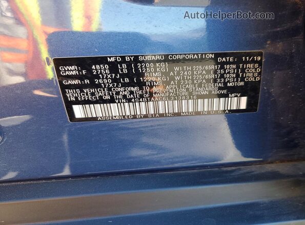 4S4BTAAC6L3138316 2020 SUBARU OUTBACK Blue Widok naklejki z numerem VIN