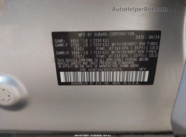 4S4BTAAC6S3140274 2025 SUBARU OUTBACK Silver Շարժիչի բաժամունքի տեսք