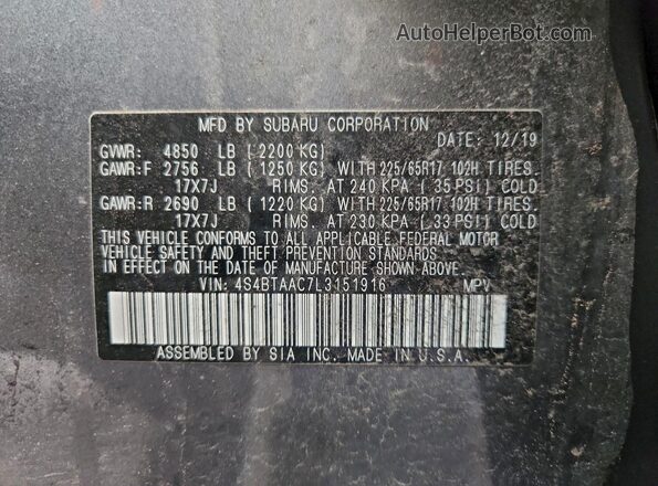 4S4BTAAC7L3151916 2020 SUBARU OUTBACK Серый Вид наклейки с VIN-кодом