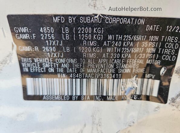 4S4BTAAC7P3163411 2023 SUBARU OUTBACK White VIN კოდის სტიკერის ხედი